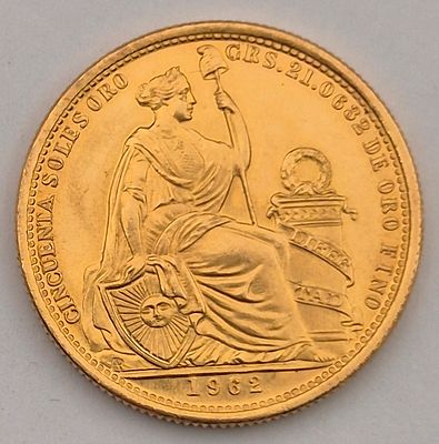 פרו מטבע זהב 50 סול(SOLES) משנת 1962. עמלה 10% 
משקל 23.4 
זהב 0.900