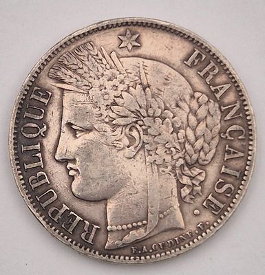 צרפת מטבע כסף 5 פרנק משנת 1851. כסף 0.900 
משקל 25 גרם