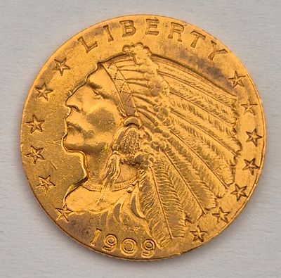 ארצות הברית מטבע זהב 2.5 דולר 1909 מטבעות זהב עמלה 10% זהב 900. משקל 4.18 גרם עמלה 10%