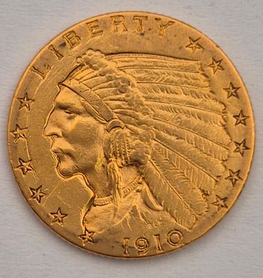 ארצות הברית מטבע זהב 2.5 דולר 1910 מטבעות זהב עמלה 10% זהב 900. משקל 4.18 גרם עמלה 10%