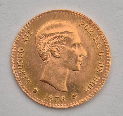 מטבע זהב ספרד 10 פזו משנת 1878 DE-M "Restrike"
משקל 3.22 זהב 0.900 זהב 0.900. עמלה 10%