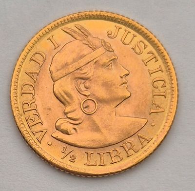 מטבעה זהב פרו ½ ליברה, משנת 1964
זהב 0.917 משקל 3.99 גרם עמלה 10%