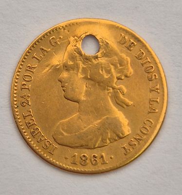 ספרד מטבע זהב 20 ריאל משנת 1861 
זהב 0.900
עמלה 10%. משקל 1.52