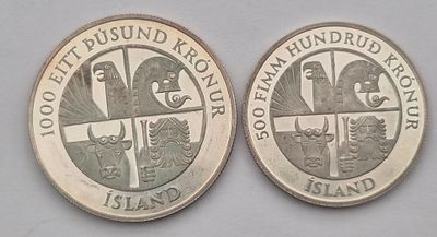 2 מטבעות כסף איסלנד משנת 1974. 1000 קרון משקל 30 גרם כסף 0.925 
500 קרון 20 גרם 0.925