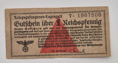שטר כסף בשווי של 1 רייכספפניג (Reichspfennig), ששימש כ"כסף מחנות שבויים" 