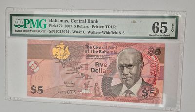 איי בהאמה שטר 5 דולר משנת 2007 PMG EPQ 65