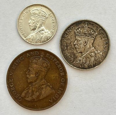 3 מטבעות מהמושבה הבריטית מאוריציוס: 
1/2 rupee 1934
1/4 rupee 1936
5 cents 1922