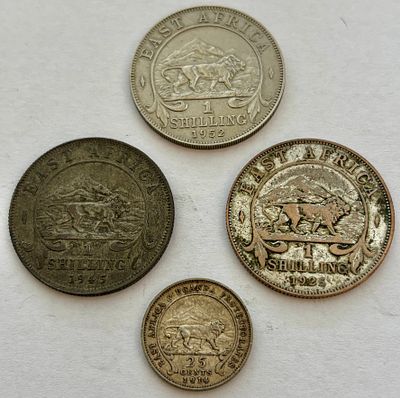 (East Africa) 4 מטבעות מהמושבה הבריטית אפריקה מזרחית
25 cents 1914 H 
shilling 1925
shilling 
