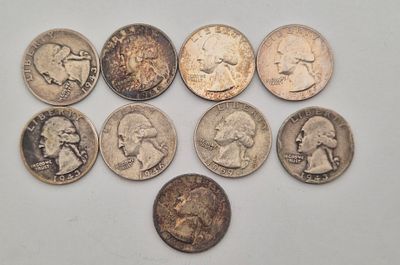 לוט 9 מטבעות כסף רבע דולר ושינגטון ארה"ב. כסף 900, משקל כולל 55.5 גרם