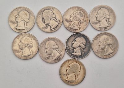 לוט 9 מטבעות כסף רבע דולר ושינגטון ארה"ב, כולם משנים שונות 1941, 1942D, 1943, 1944, 1945, 1946 