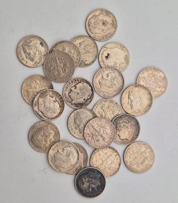 לוט 22 מטבעות כסף 10 סנט רוזוולט ארה"ב. כסף 900, משקל כולל 54.6 גרם