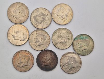 לוט 10 מטבעות כסף חצי דולר קנדי ארה"ב, 1967. כסף 400, משקל כולל 113.9 גרם. מצבים יפים מאוד