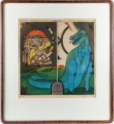 Uwe Bremer (German, B. 1940) Etching. Title: Atlantis - Dinosaur Subject: Figures Type: Colr 