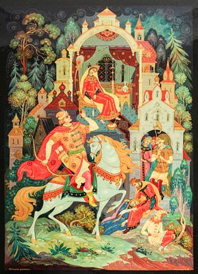 Russian Kholui Lacquer Fairy Tale Box. Description: A large Russian lacquer box from Kholui with 