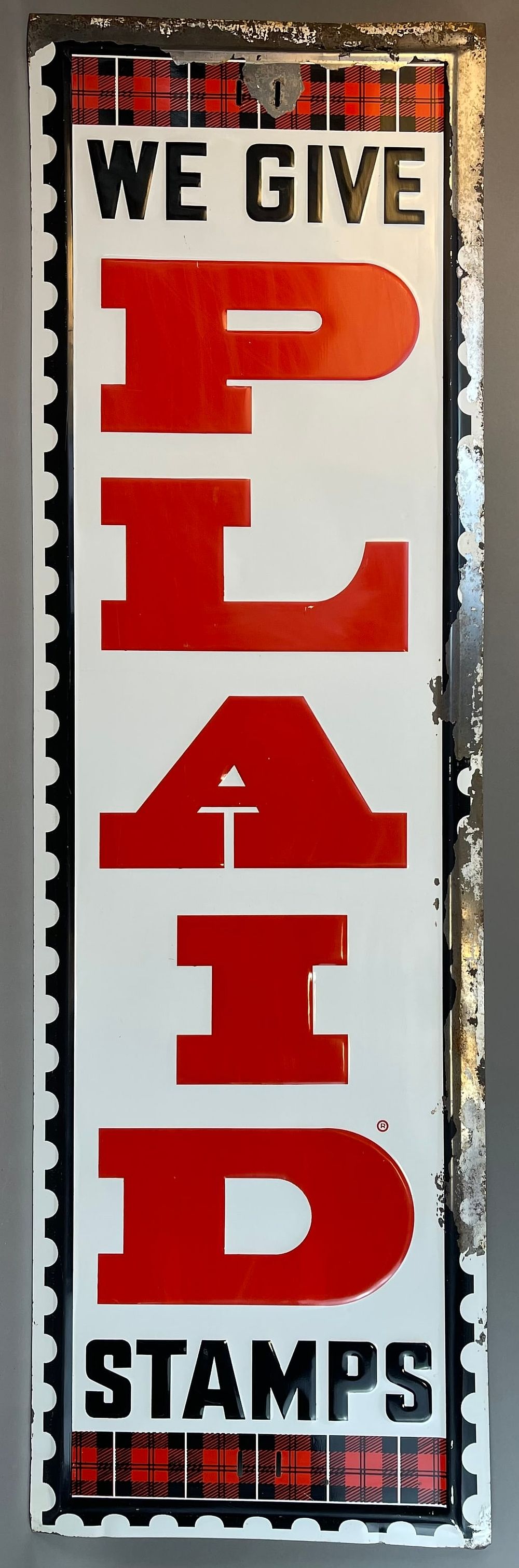 Lot 206: 1950s Plaid Stamps Advertsing Painted Metal Sign Vertical