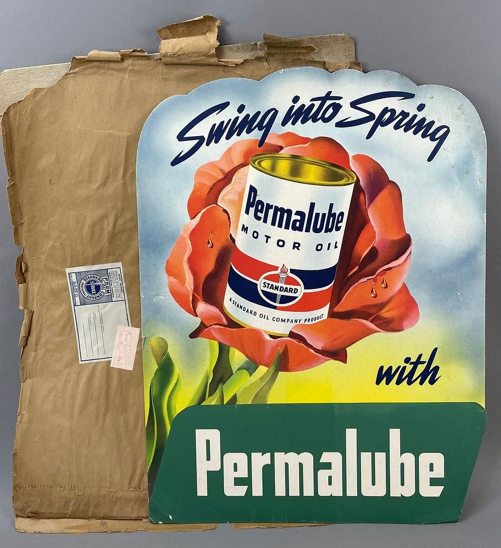 Lot 209: NOS 1940s Standard Permalube Cardboard Easel Back Sign Rose