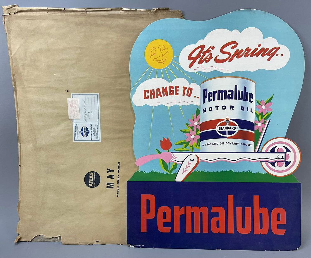 Lot 210: NOS 1940s Standard Permalube Cardboard Easel Back Sign Boat