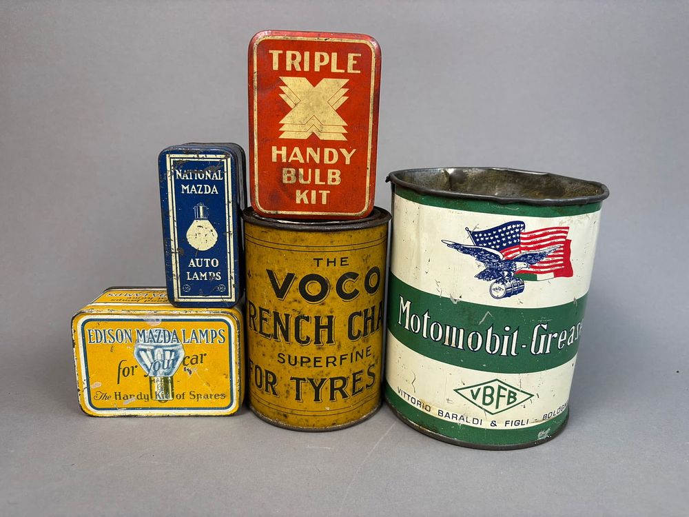 Lot 232: 5 1920s Automotive Advertising Tins Bulb Tyres Oil