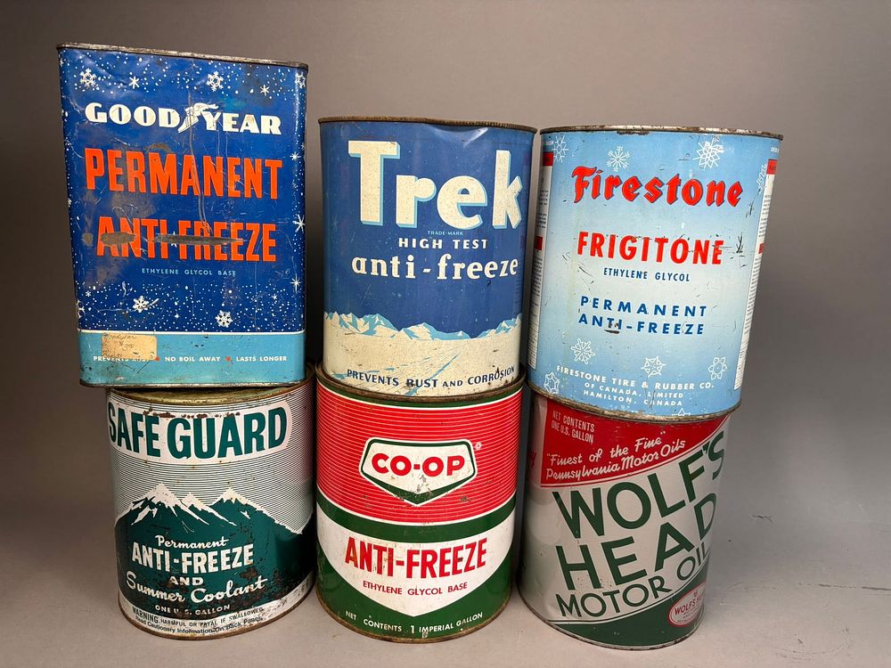 Lot 234: 6 Vintage AntiFreeze 1 Gallon Cans Firestone Trek