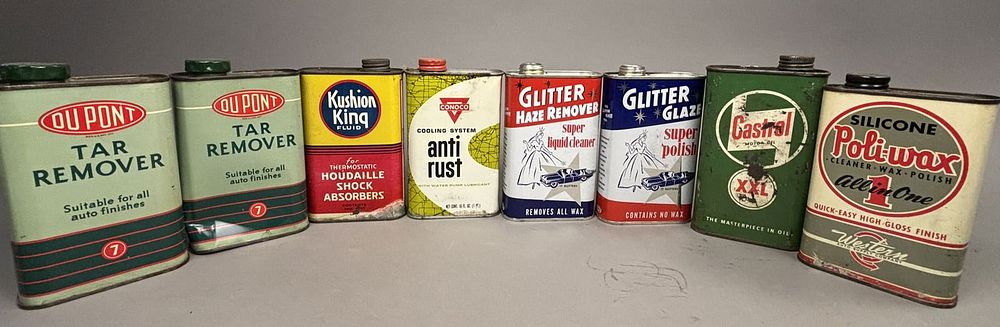 Lot 257: 8 50s 1 Pint Conoco Castrol Dupont Auto Car Cans