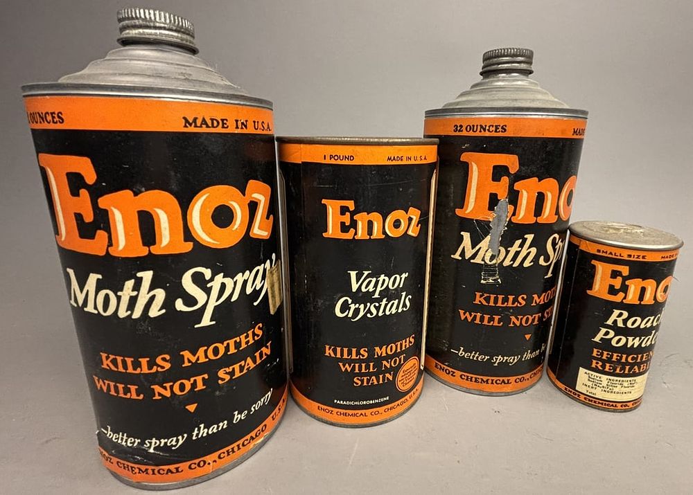 Lot 258: 4 Original 1940s ENOZ Paper Label Moth Spray Cans