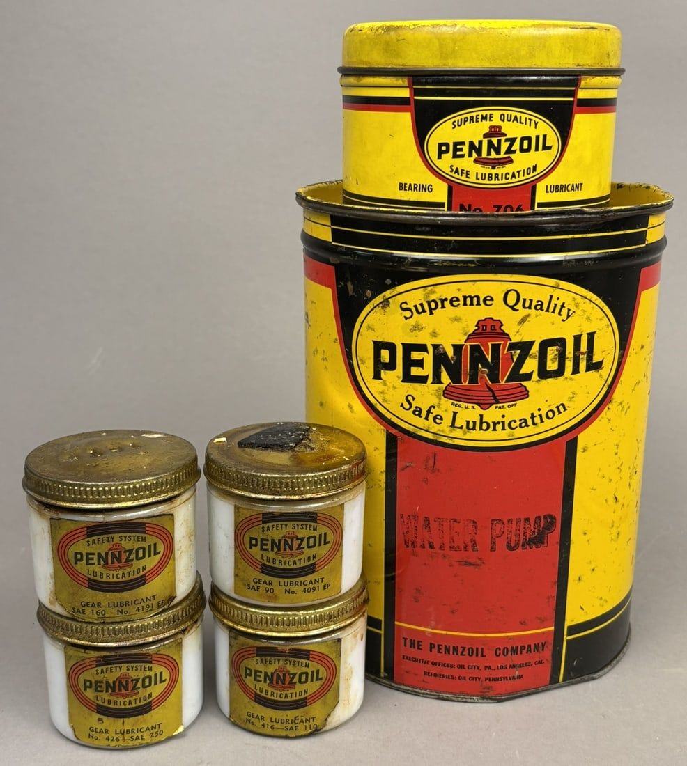 Lot 265: Lot 6 Pennzoil 1lb 5lb & Milk Glass Grease Can