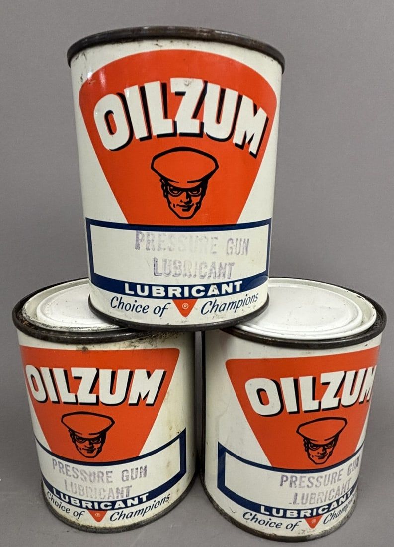 Lot 280: 3 NOS Oilzum 50s Pressure Gun 1Lb Metal Grease Can