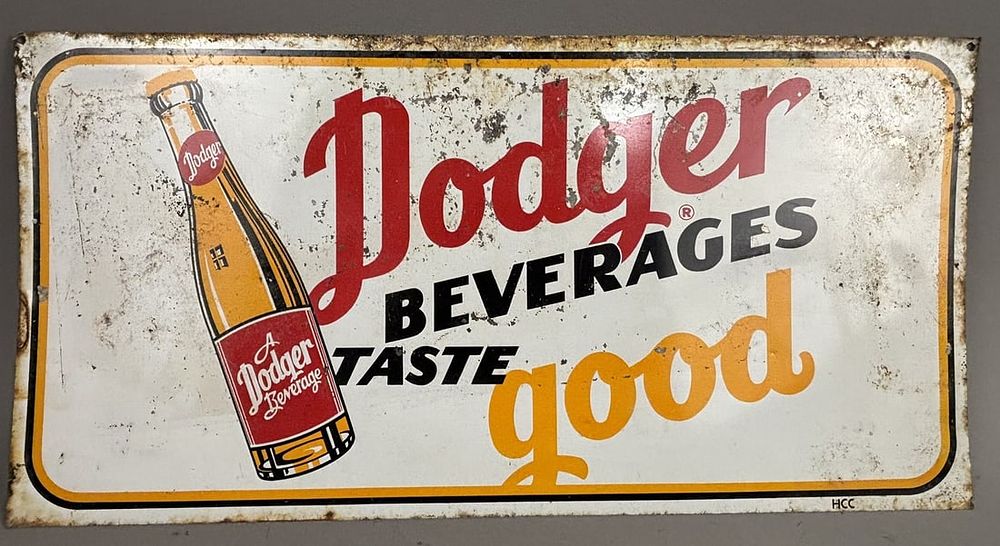 Lot 288: Dodger Beverages Taste Good 50s SST Soda Pop Sign