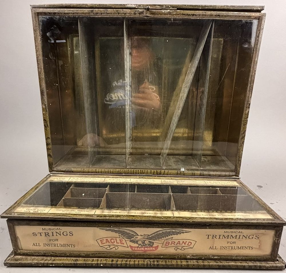 Lot 303: 20s Eagle Brand Musical Strings Display Case Cabinet