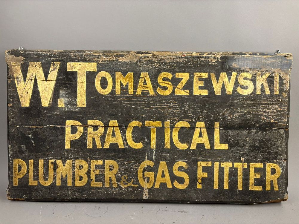 Lot 313: 20s Wood Hand Painted Practical Plumber & Gas Fitter Sign