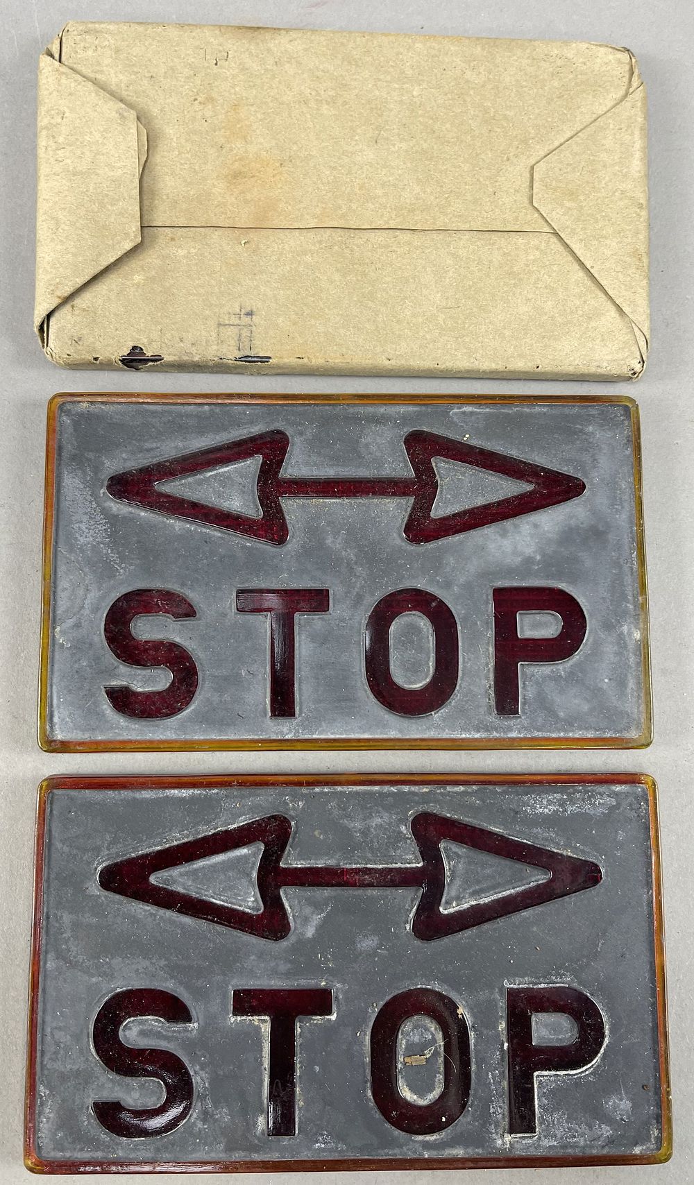 Lot 337: 3 NOS STOP Red Glass Embossed Double Arrow Lenses