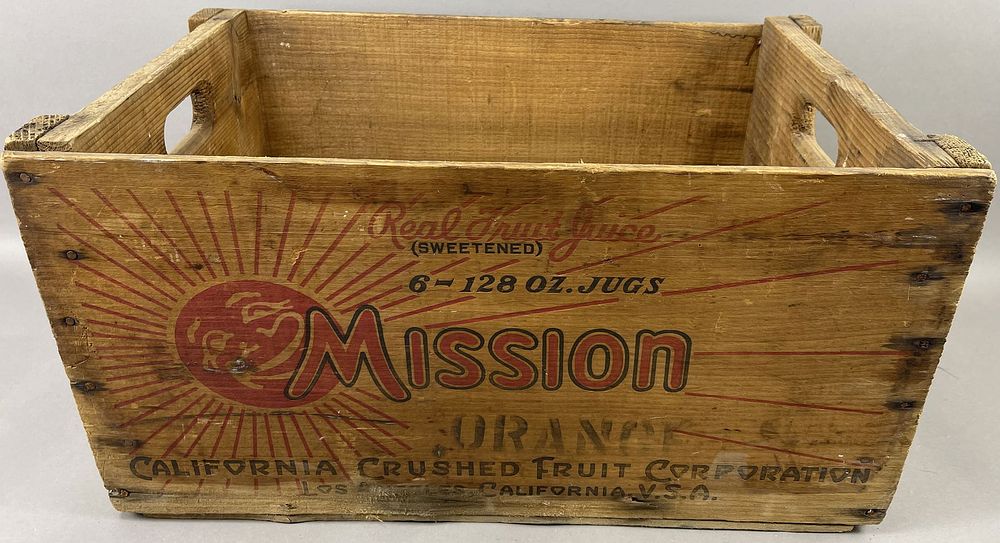 Lot 347: Mission Orange Real Fruit Juice 6 128Oz Jugs Wood LA Crate