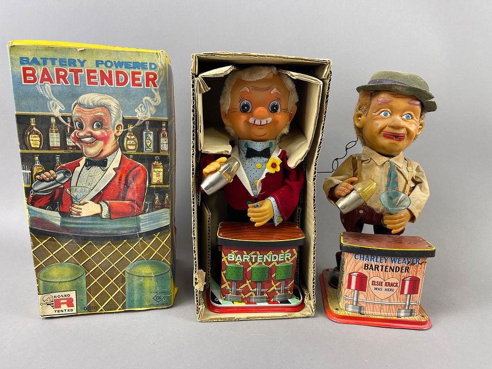 Lot 355: Pair Battery Powered Bartender Tin Litho Toys w/ Orig Box
