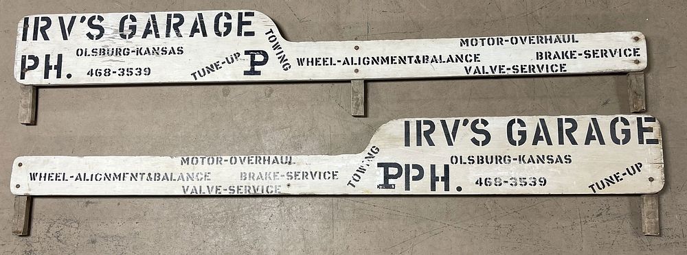 Lot 383: Irv's Garage Olsburg Kansas Original Pair Wooden Stake Truck Signs