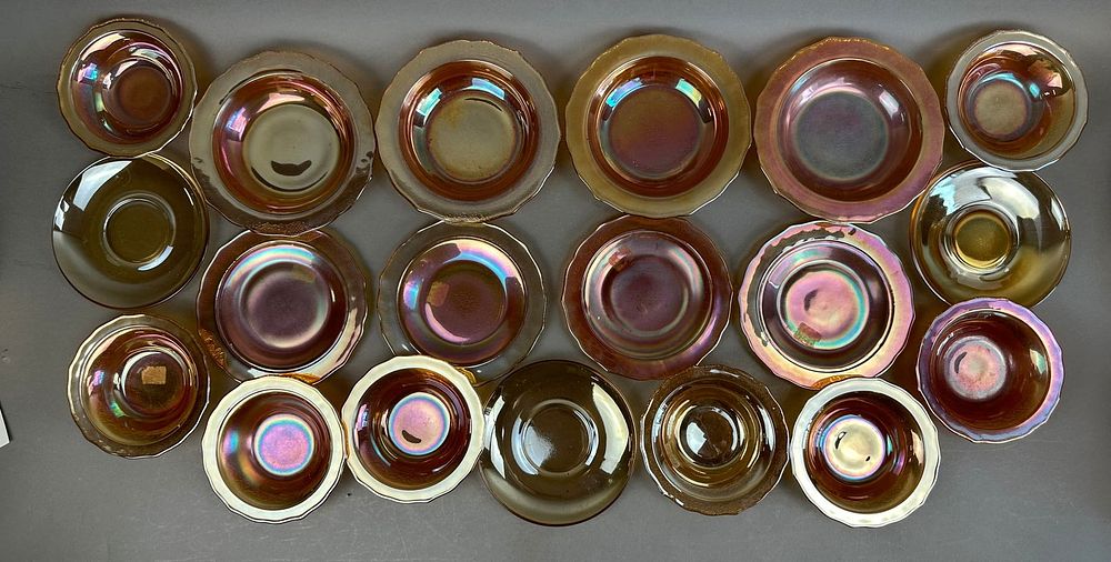 Lot 167: 19 Piece Marigold Carnival Glass Bowl Saucer Plate