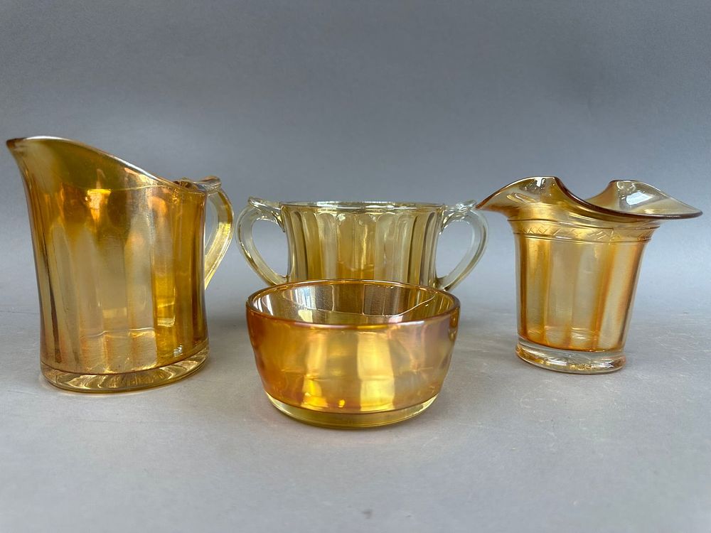Lot 170: 4 Piece Marigold Carnival Glass Pitcher Bowl Lot