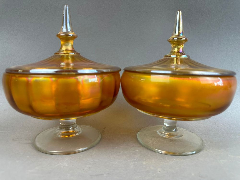 Lot 171: Pair Marigold Carnival Glass Footed Candy Bowls