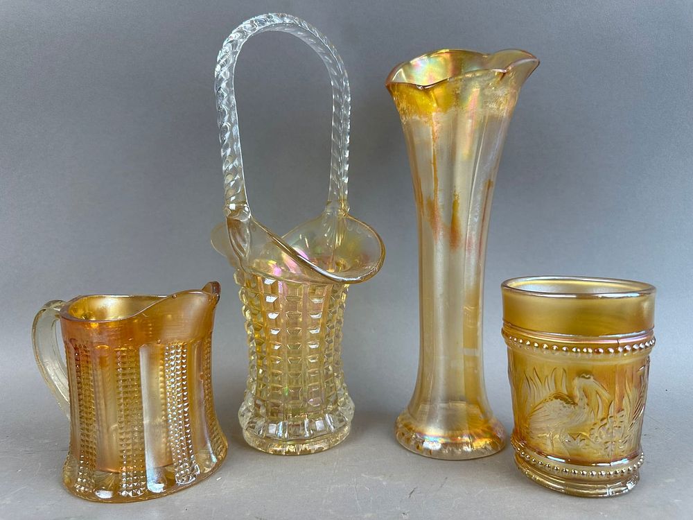 Lot 172: 4 Marigold Carnival Glass Dugan Vase Basket