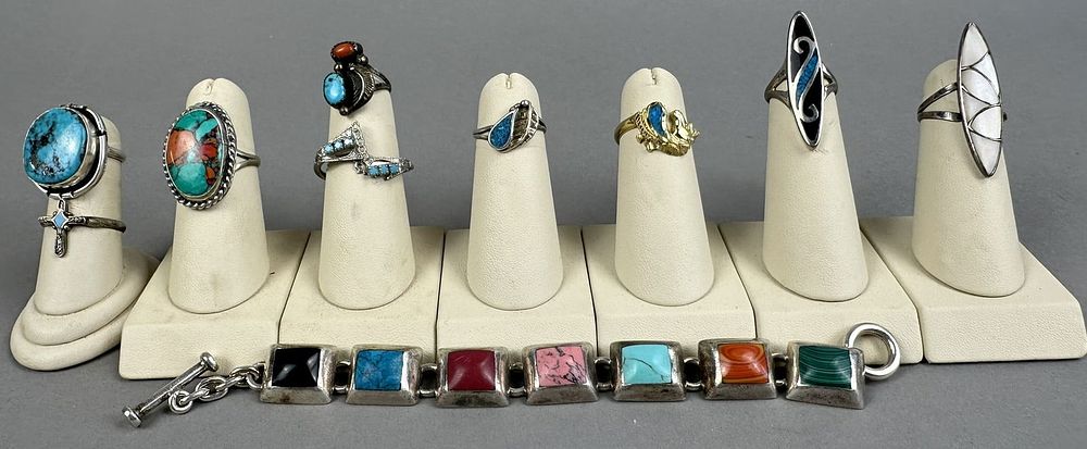 Lot 197: 10 Sterling Silver Native American Turquoise Rings