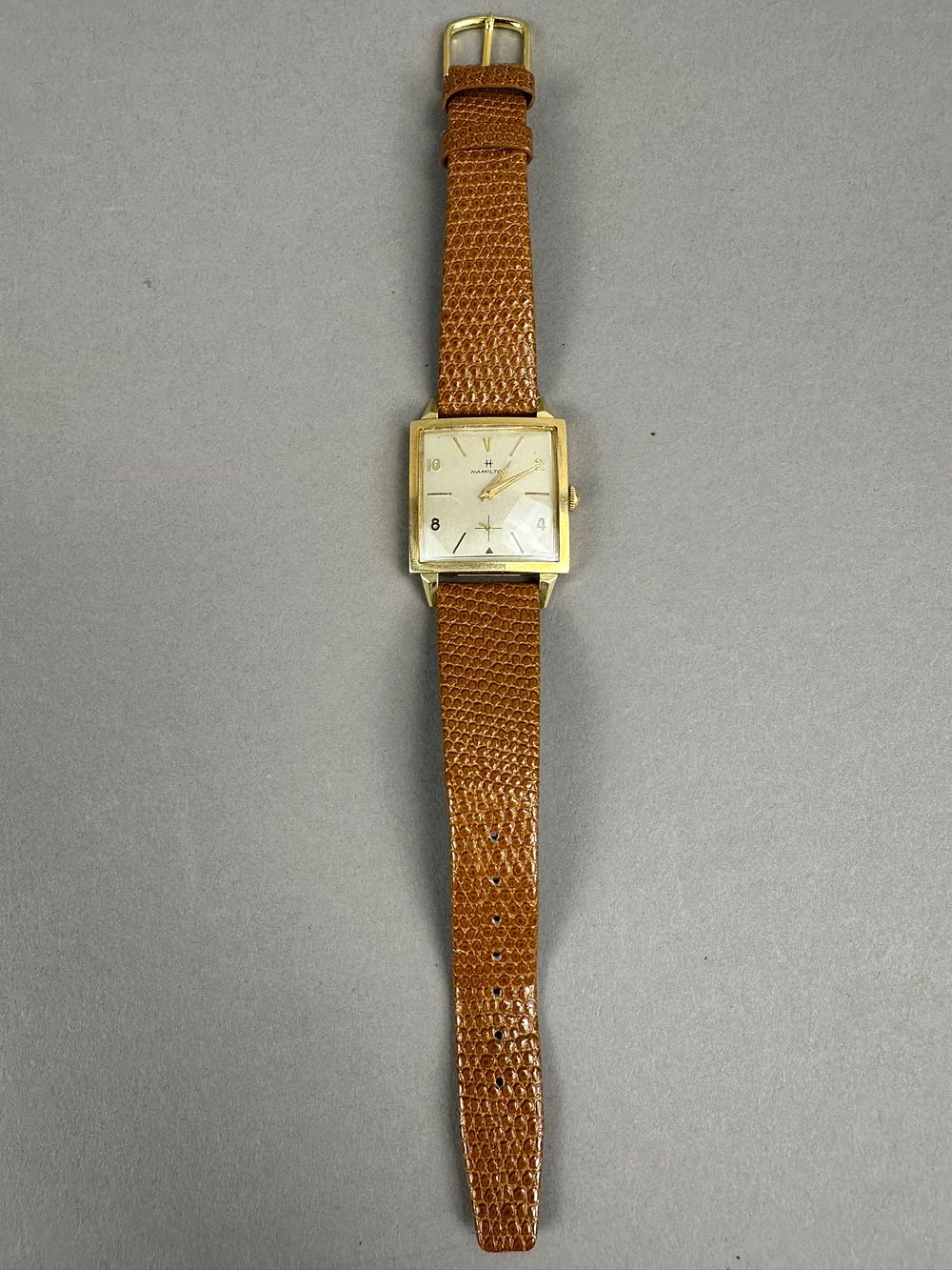 Lot 223: MCM Square Face Hamilton 14K Yellow Gold Mens Watch