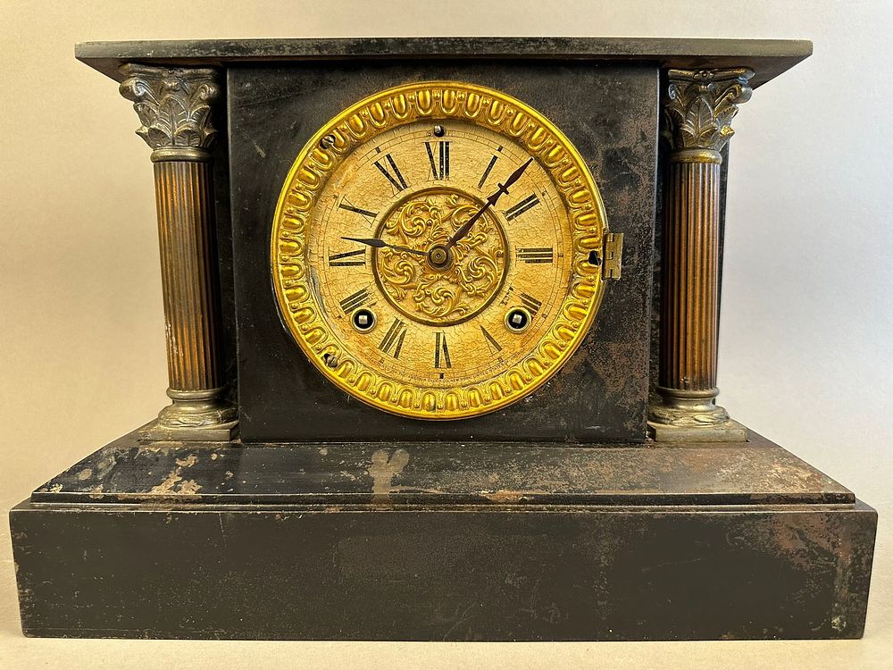 Lot 245: Antique Ansonia Clock Iron Case Column Motif Mantel
