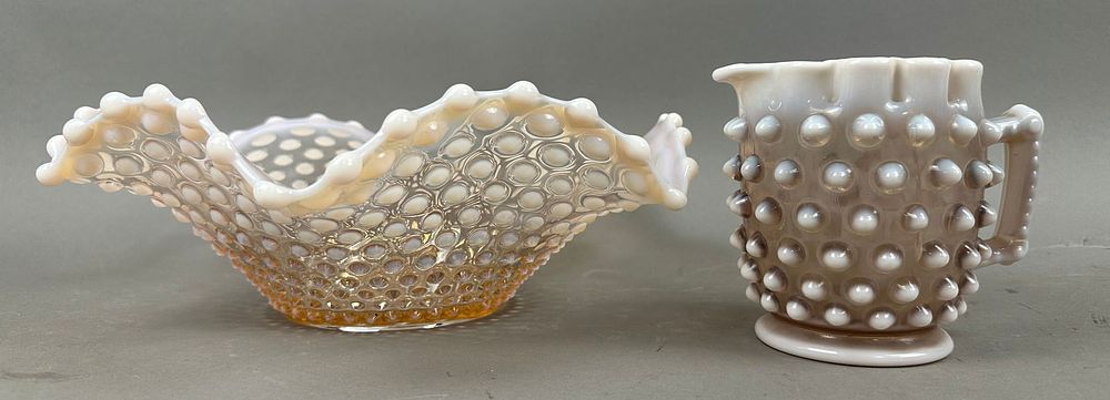 Lot 267: 2 Fenton Moonstone Opalescent Hobnail Pitcher Bowl