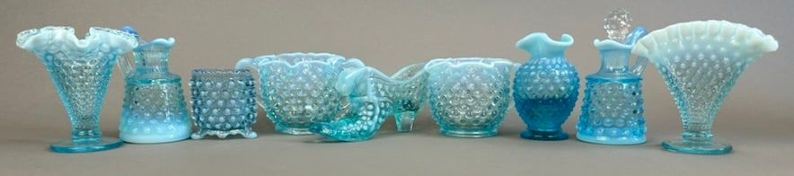 Lot 273: 9 Fenton Blue Opalescent Hobnail Shoe Ruffled Vase