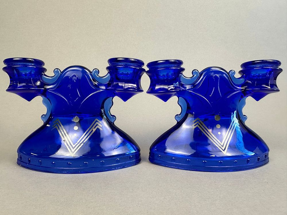 Lot 276: Pair LE Smith Cobalt Blue Double Candlesticks