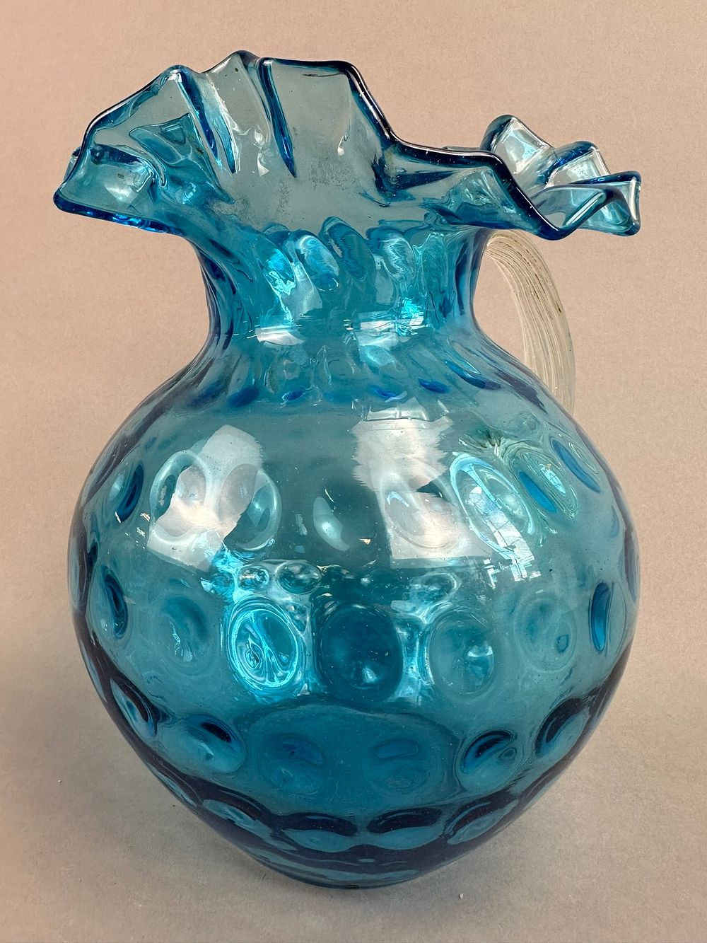 Lot 284: Antique Blue Fenton Thumbprint Ruffled Pitcher