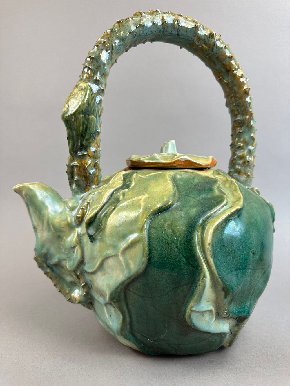 Lot 285: Antique Majolica Pottery Thorn Vine Handle Tea Pot