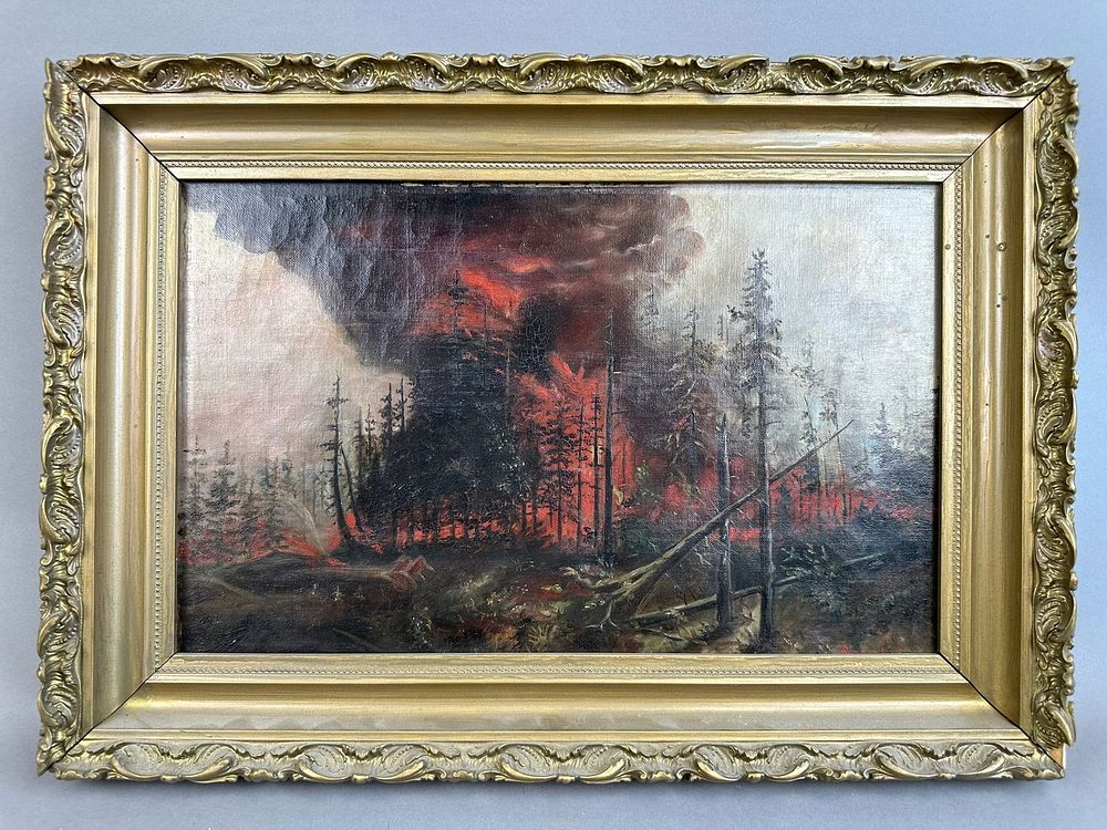 Lot 287: 1911 Adirondacks Burning Oil Canvas Painting Gotham