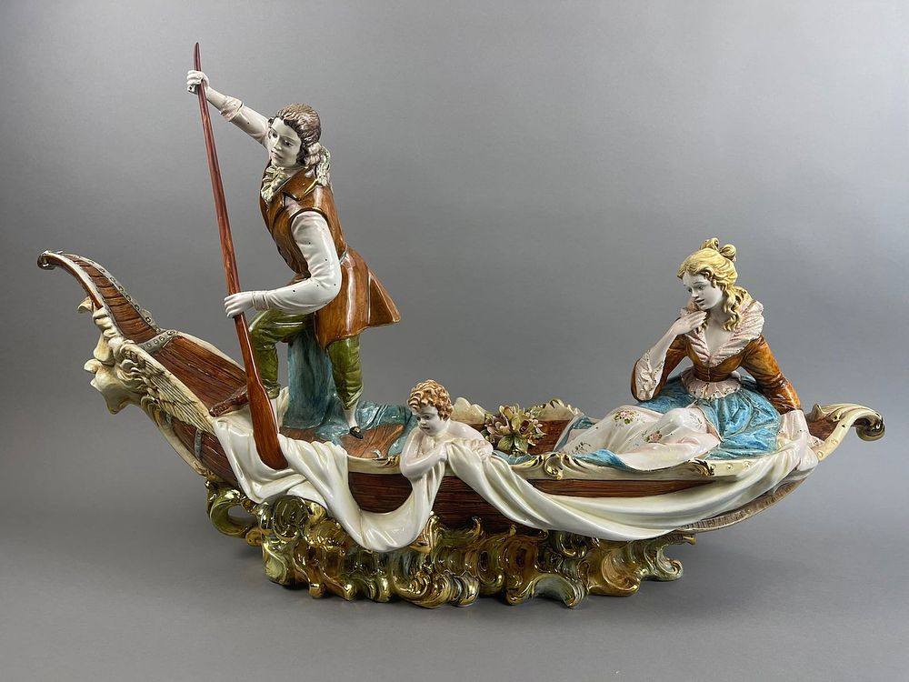 Lot 304: 35" Capodimonte Porcelain Couple Gondola Boat w/ Baby