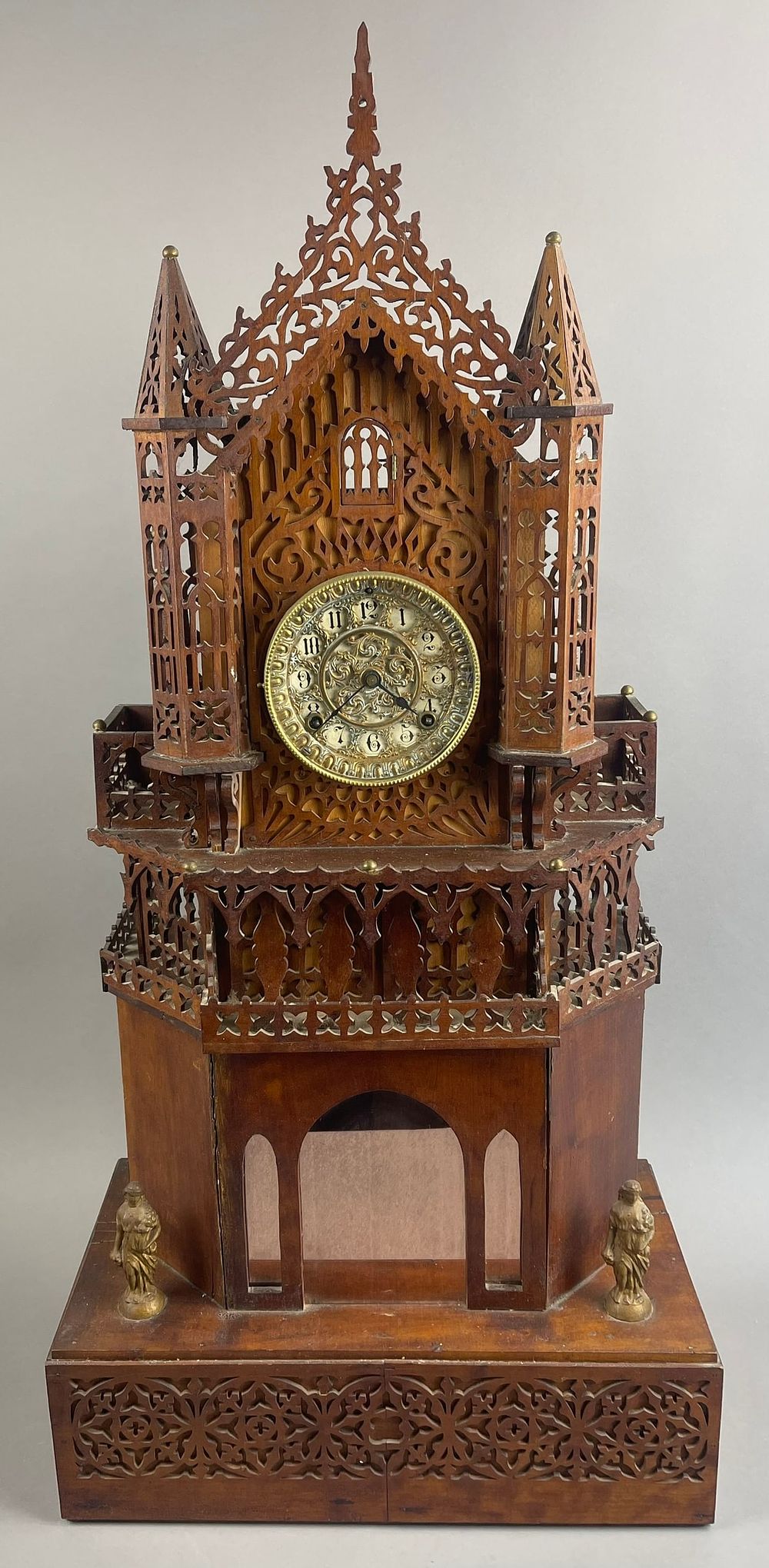 Lot 305: Antique 3' Ansonia Tramp Art Carved Mantle Clock