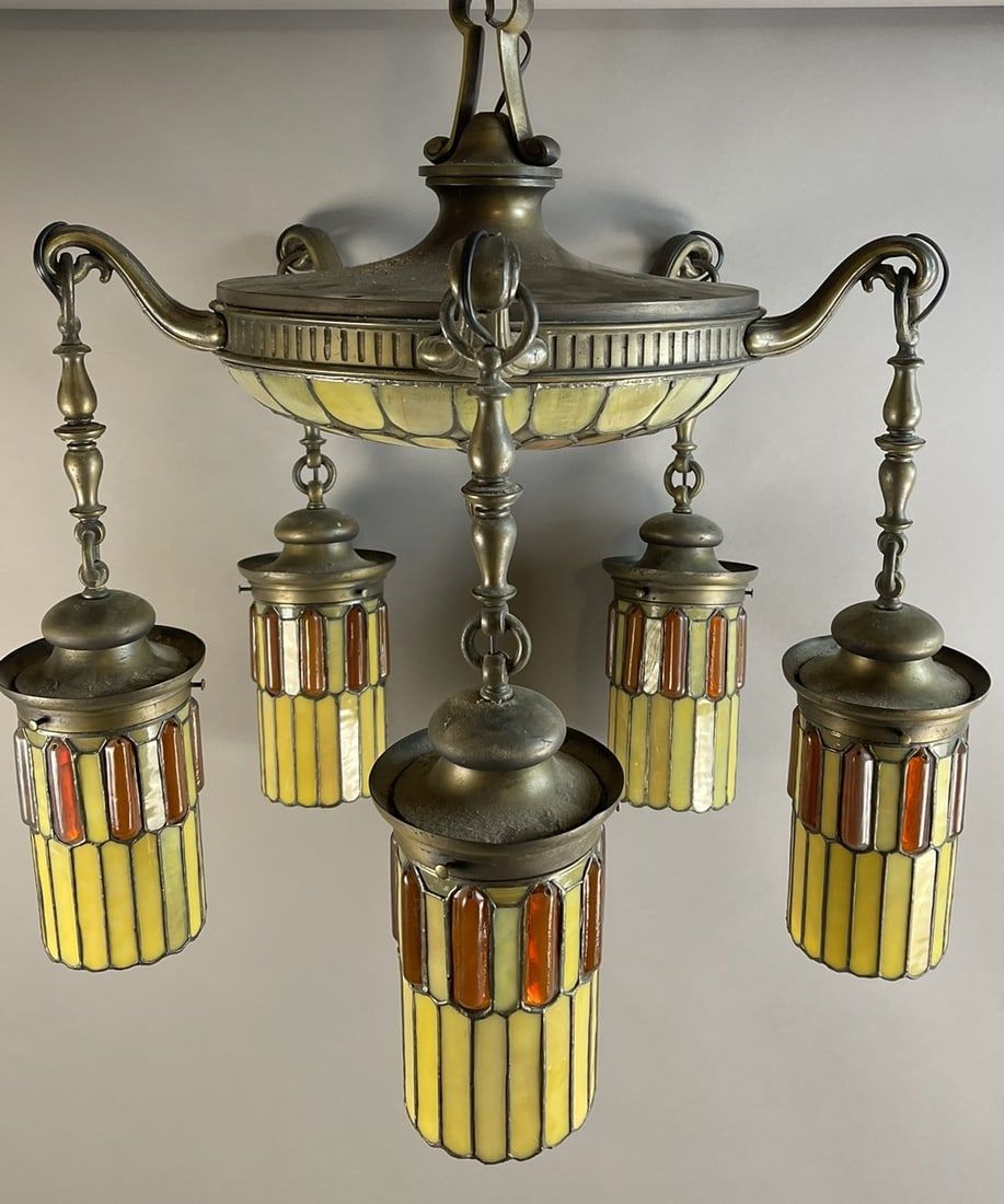 Lot 306: Antique Stained Glass Hanging 5 Pendant Chandelier